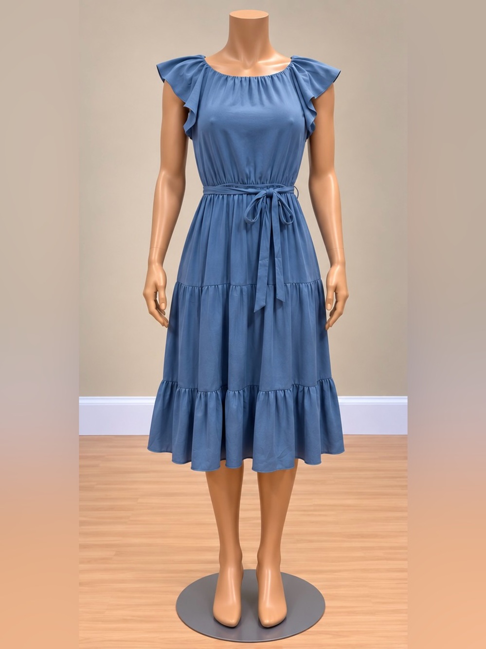 LOFT Blue Ruffle Flutter Sleeve Tiered Midi Dress Tie Waist V Back XS